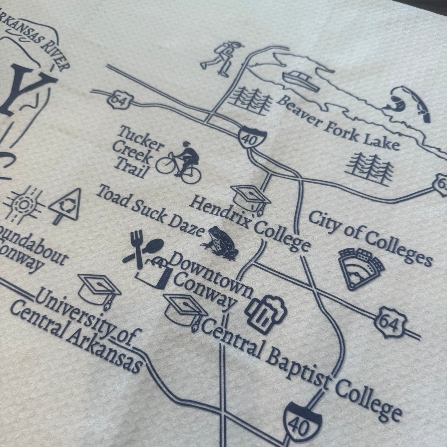 close-up of towel printed with Map of Conway, Arkansas