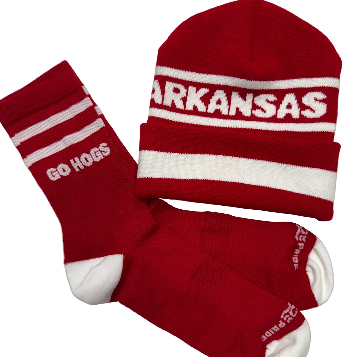 Red and white Arkansas-themed beanie and socks on a white background