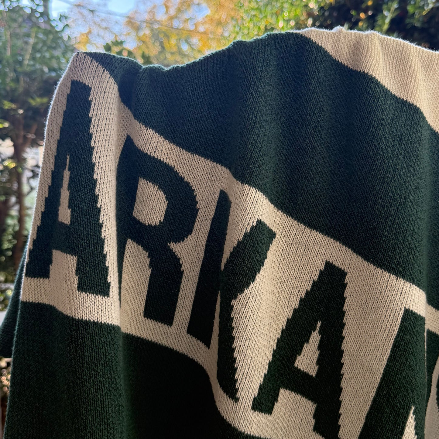 close-up of green and off-white knit Blanket with 'ARKANSAS' text on it