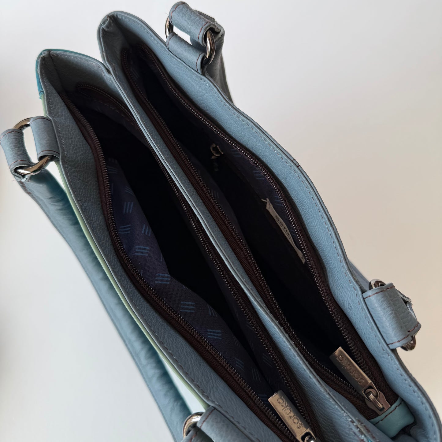 top view of handbag with zipper unzipped