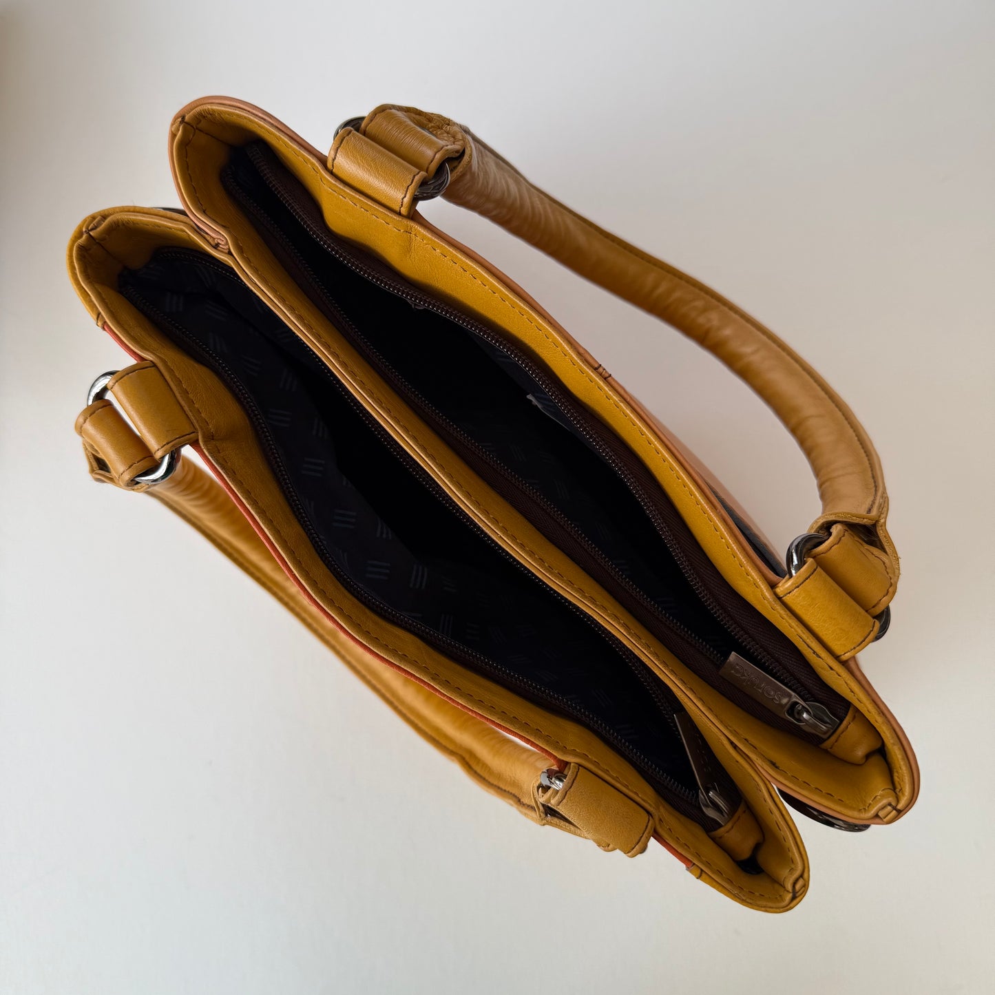top of handbag with zippers unzipped