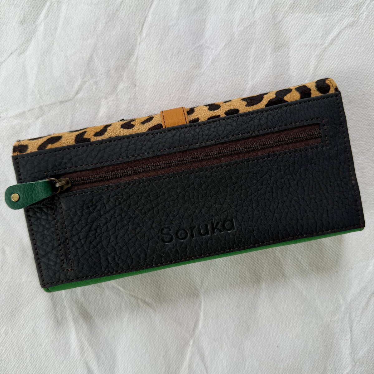 back view of wallet with dark navy backing and zippered pocket