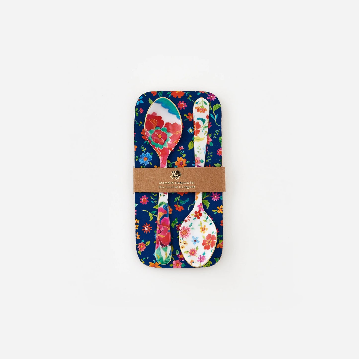 Set of 2 floral-patterned spoons on a decorative card on a white background