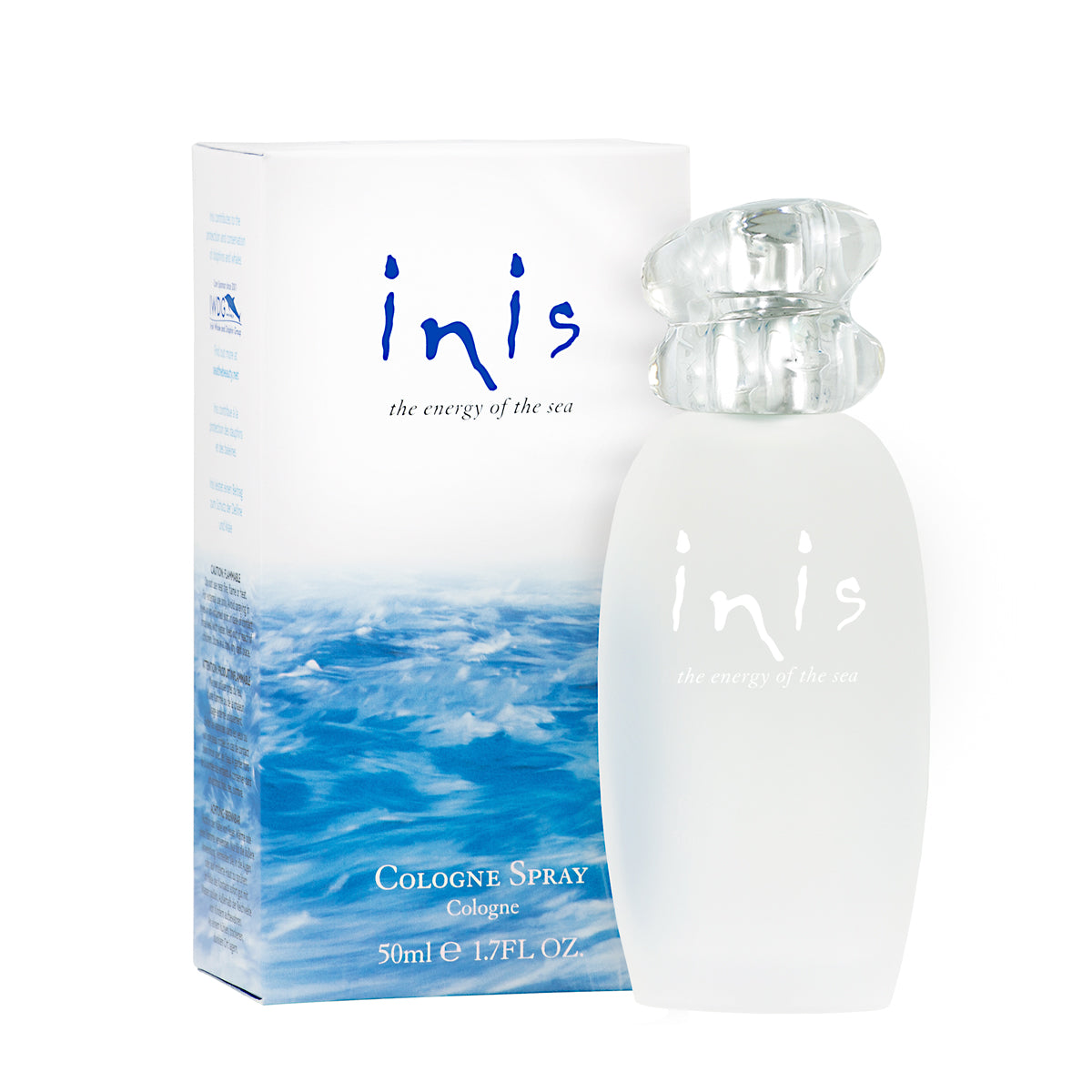bottle of inis cologne set next to its box packaging.