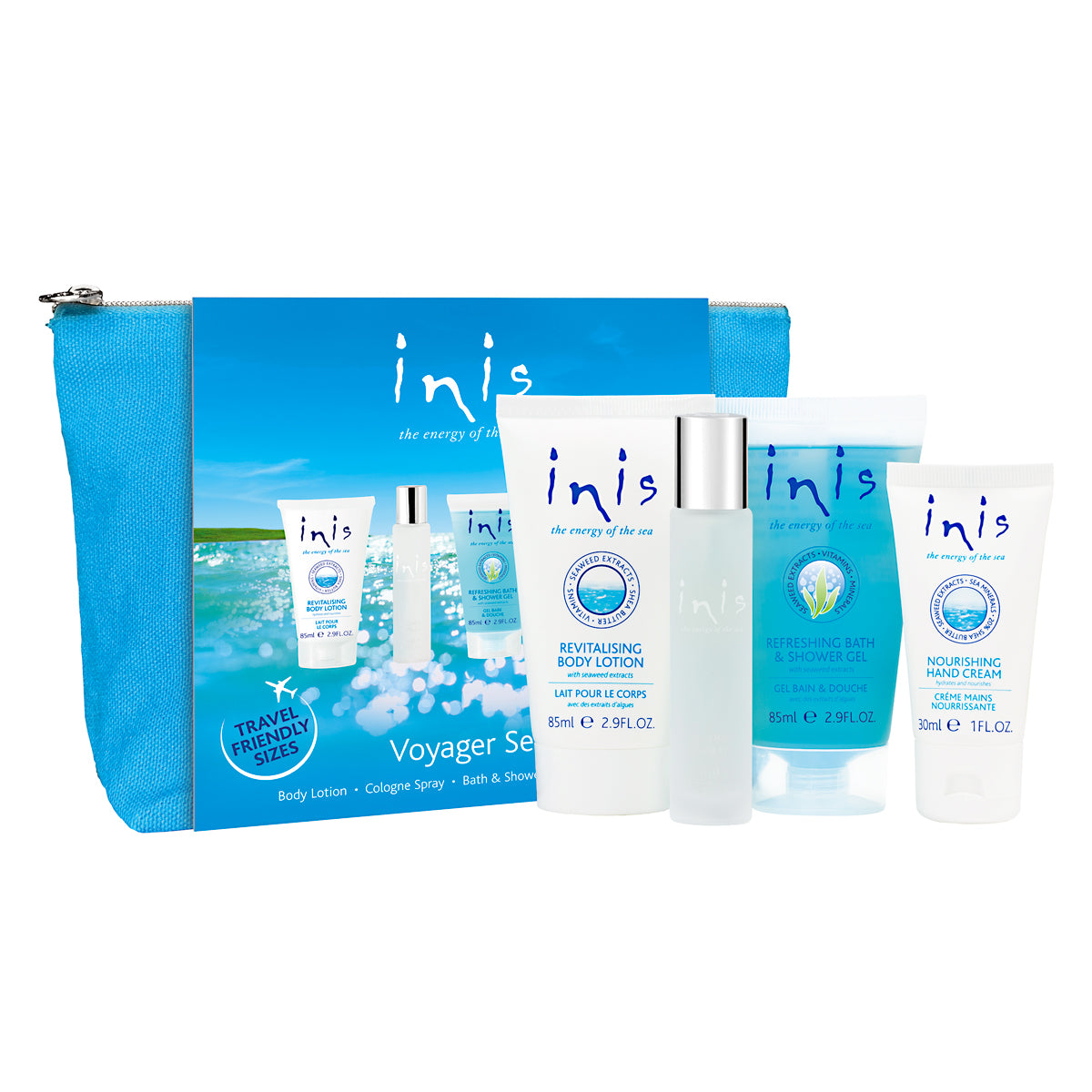 voyager gift set with cologne, hand cream, body lotion, and shower gel displayed next to turquoise travel bag on a white background