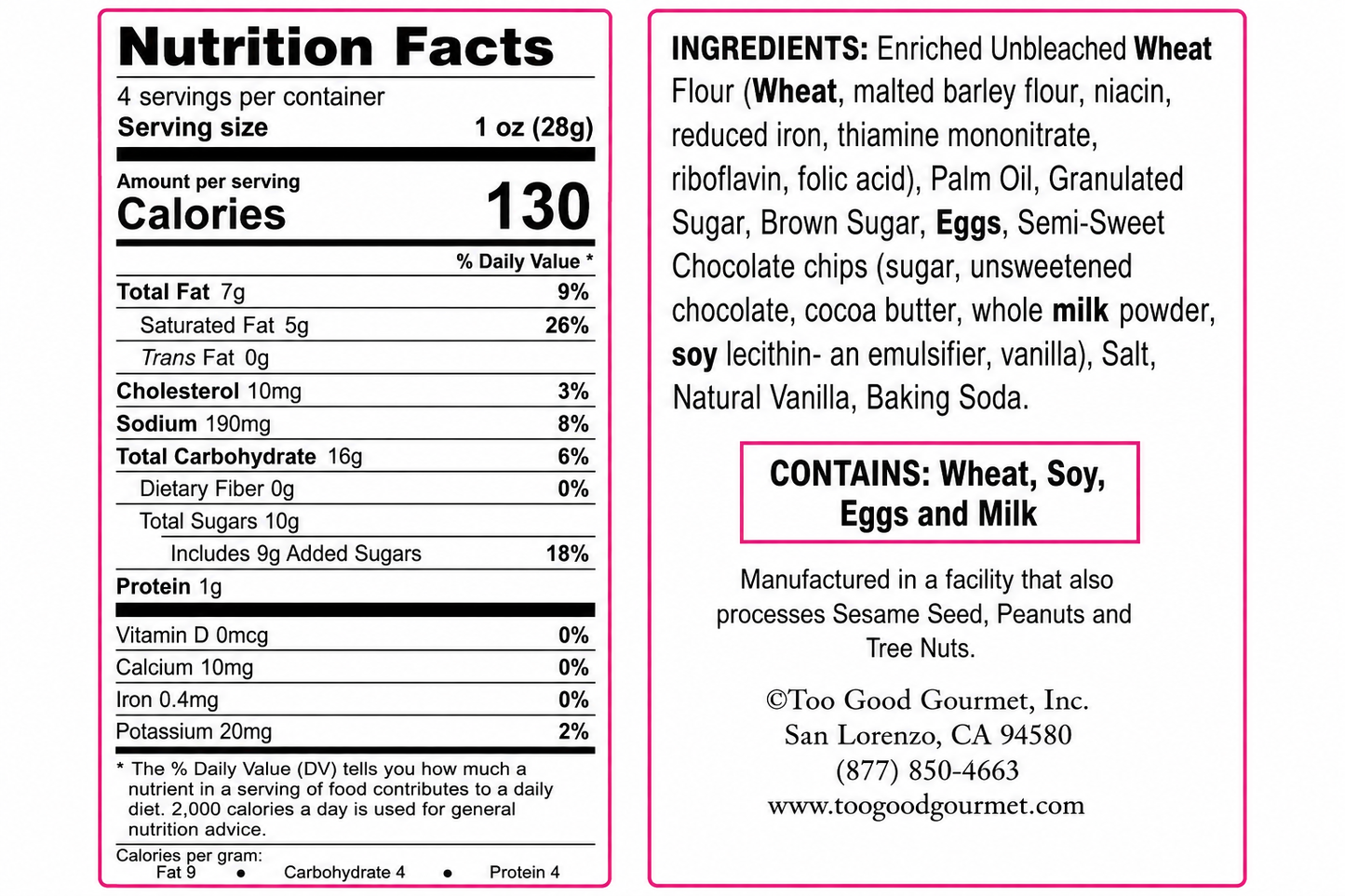 Ice Cream Shop Vanilla Bean with Chocolate Chips Cookies Nutrition Facts & Ingredients List