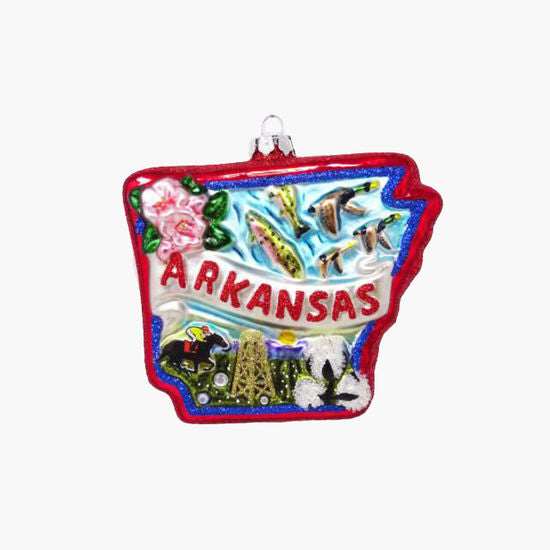 A glass ornament in the shape of Arkansas state with a colorful design featuring floral patterns, local landmarks, and the state name.