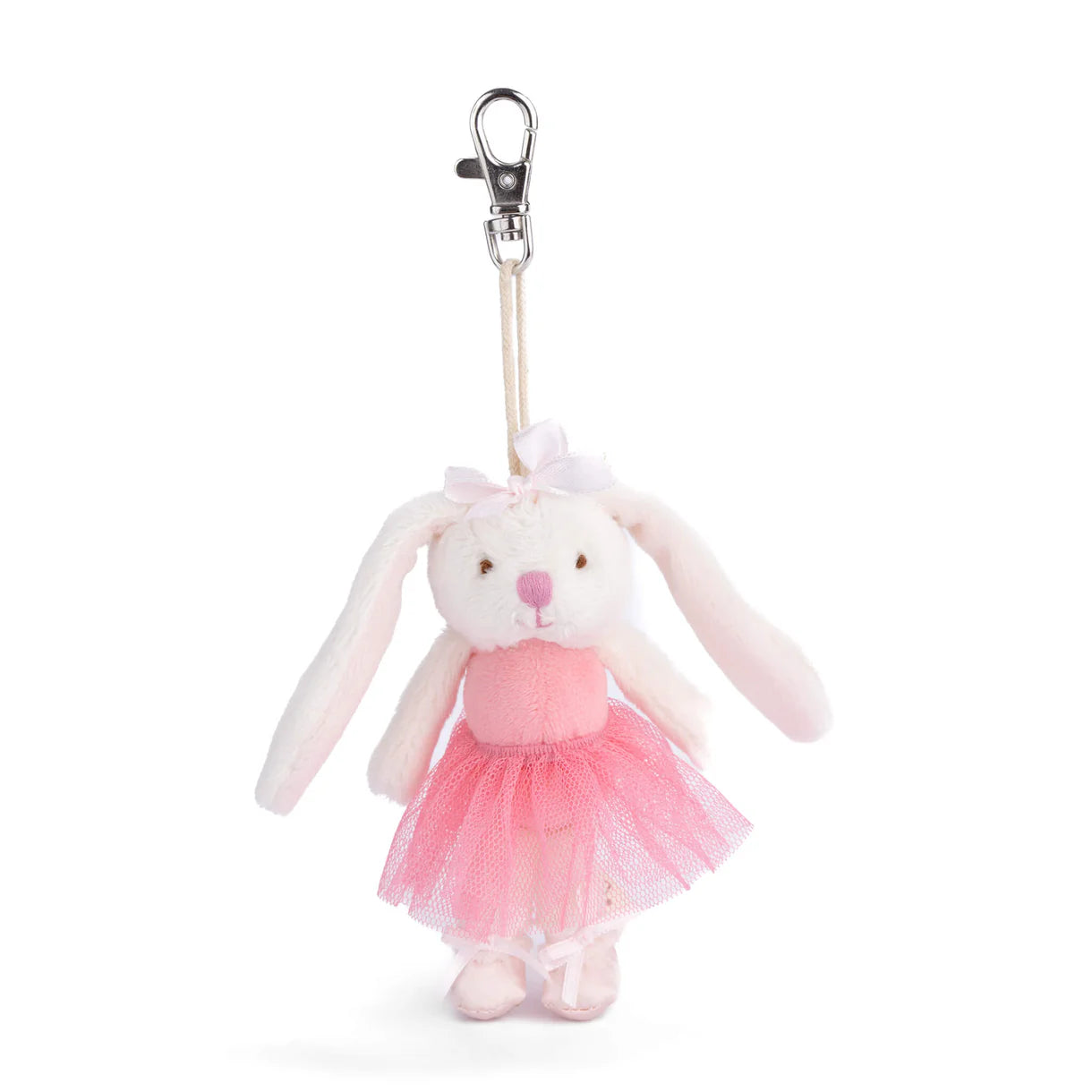 white plush bunny bag charm wearing a bright pink tutu