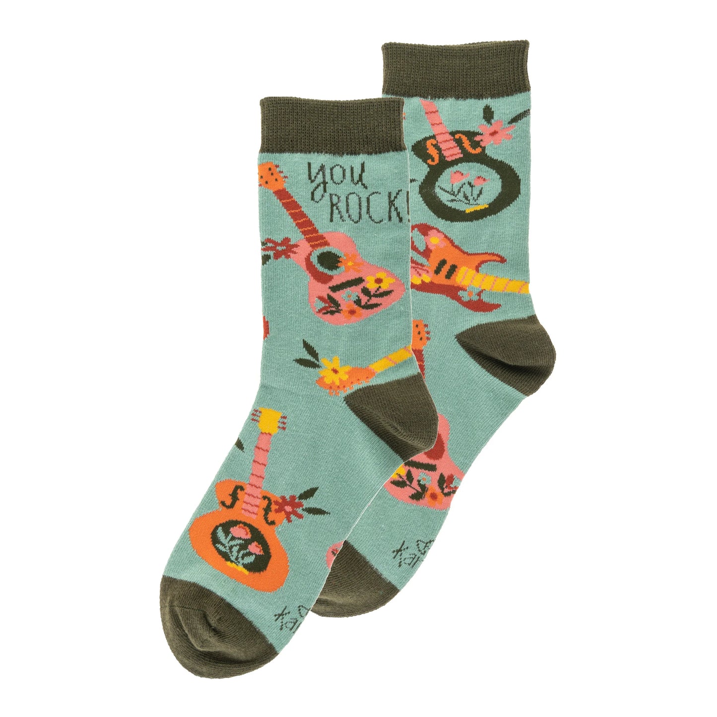 light green socks with " you rock" and floral guitars on them