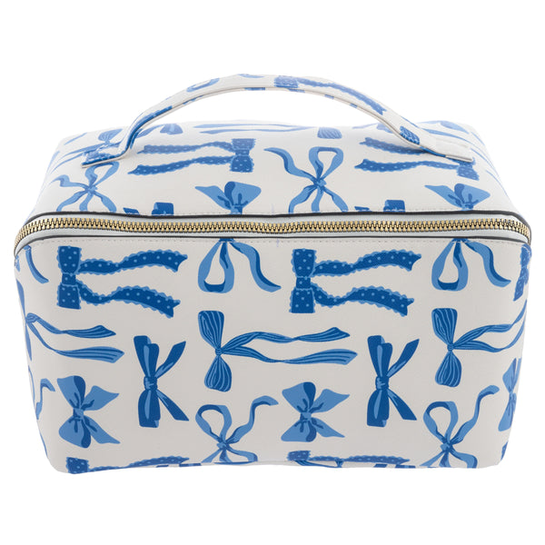 front view of blue bows jumbo cosmetics bag