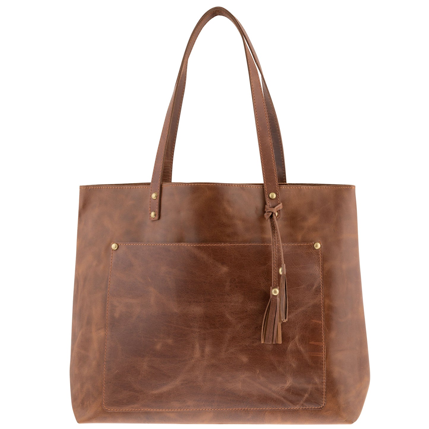 brown leather tote with tassel on a white background.