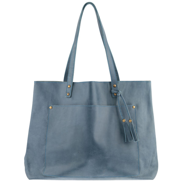 blue leather tote bag on a white background.