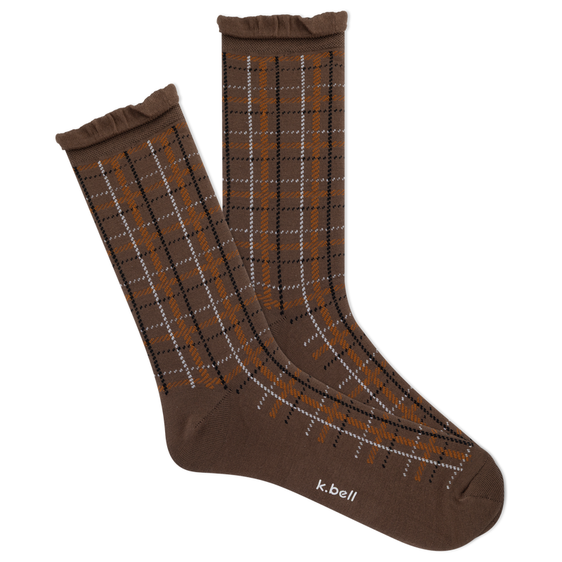 Pair of brown plaid socks on a white background