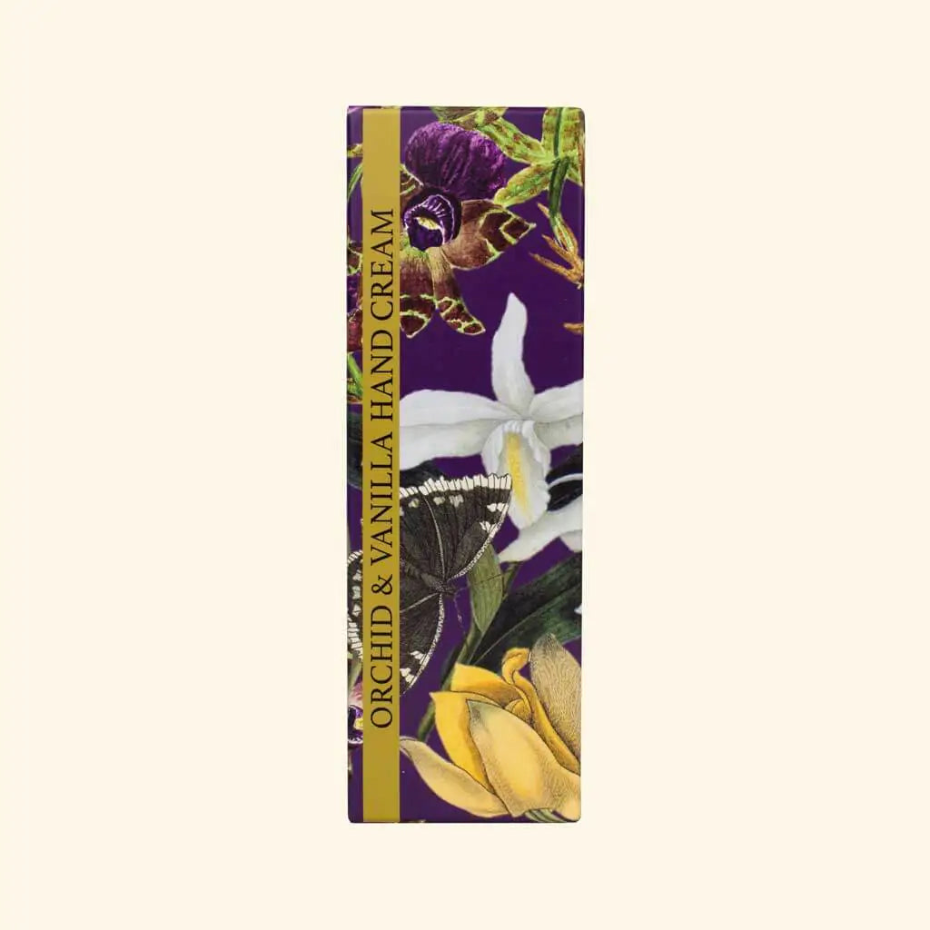 Orchid and Vanilla hand cream packaging with floral design on a beige background