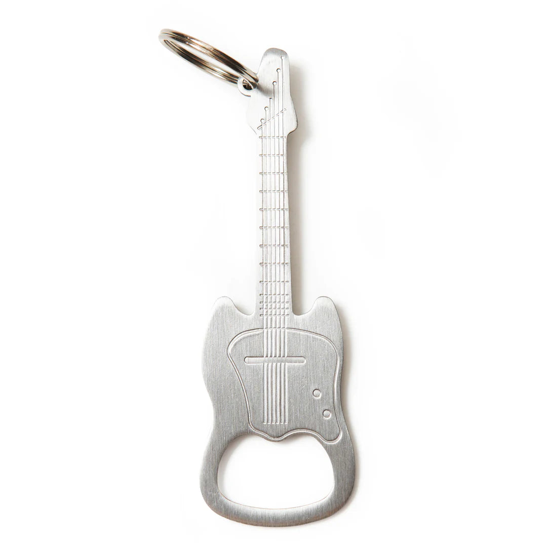 stainless steel guitar shaped battle opener with key ring.