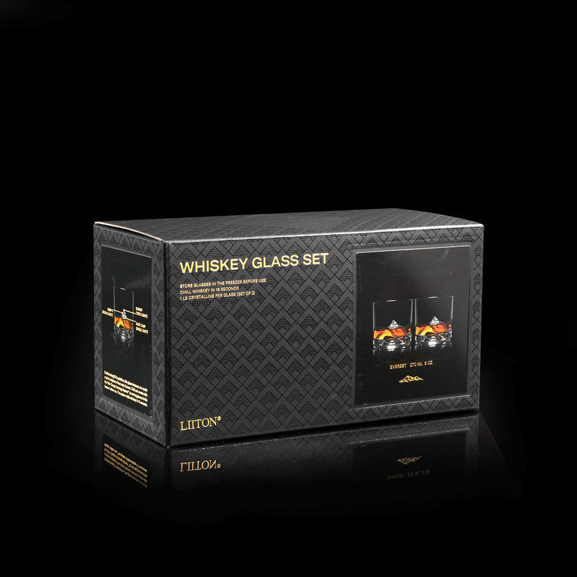 black box packaging of Everest Crystal Whiskey Glasses.