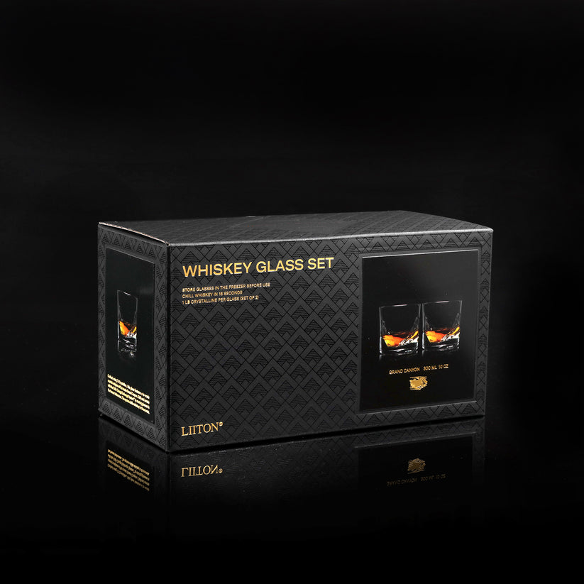 black box packaging of Grand Canyon Crystal Whiskey Glasses.