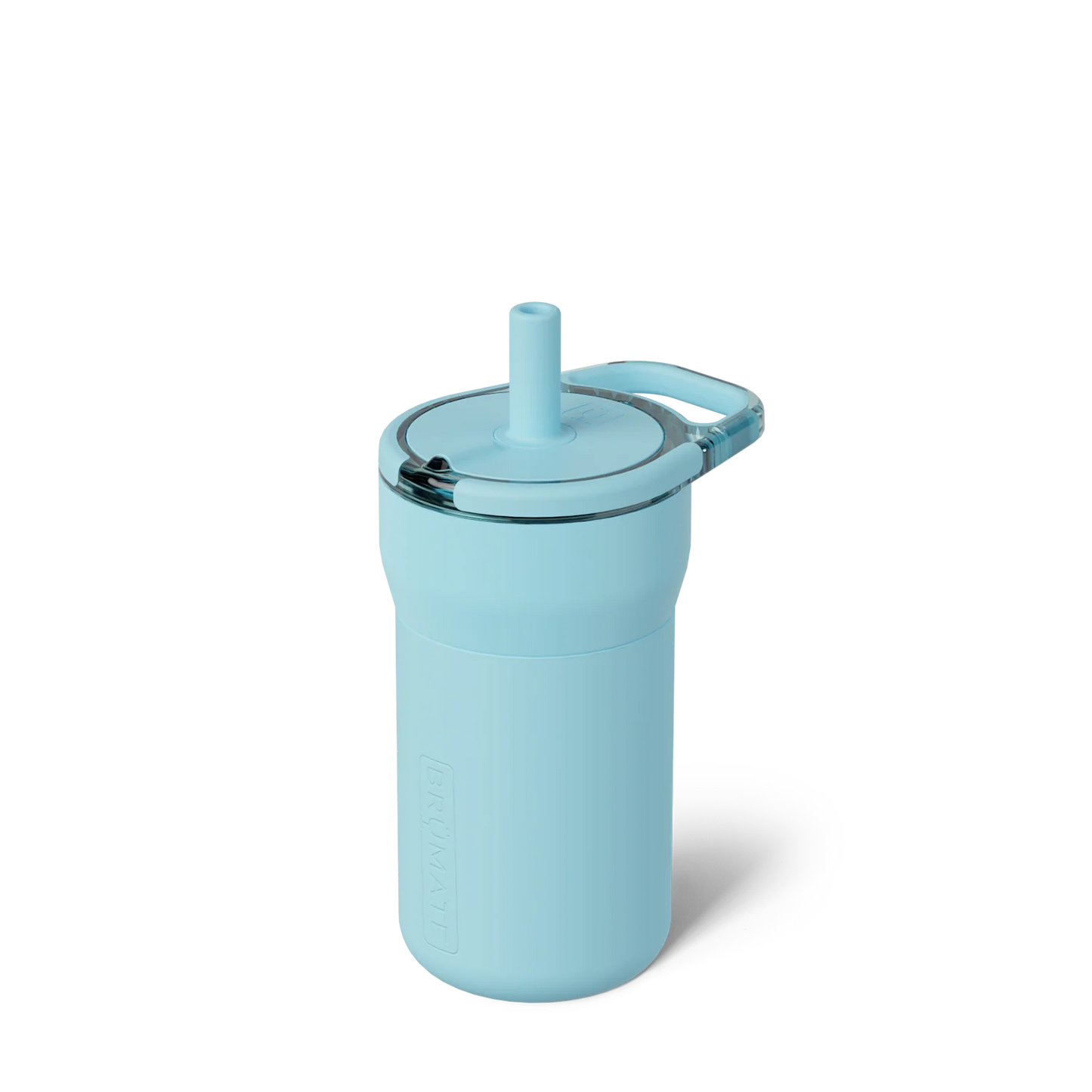 light bright blue child's water bottle with side loop handle and straw on top