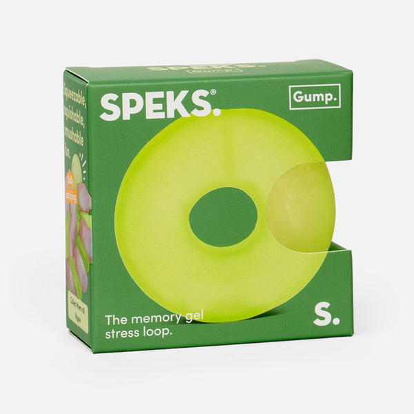 Green packaging of Speeks memory gel stress loop with visible branding on a white background