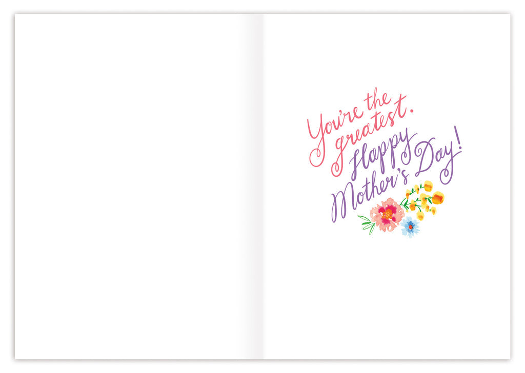 inside view of card is white with pink and purple italic text listed in the description along with a small group of flowers