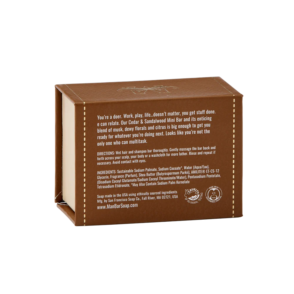 back view of brown box for Cedar & Sandalwood Hair + Body Mini Man Bar