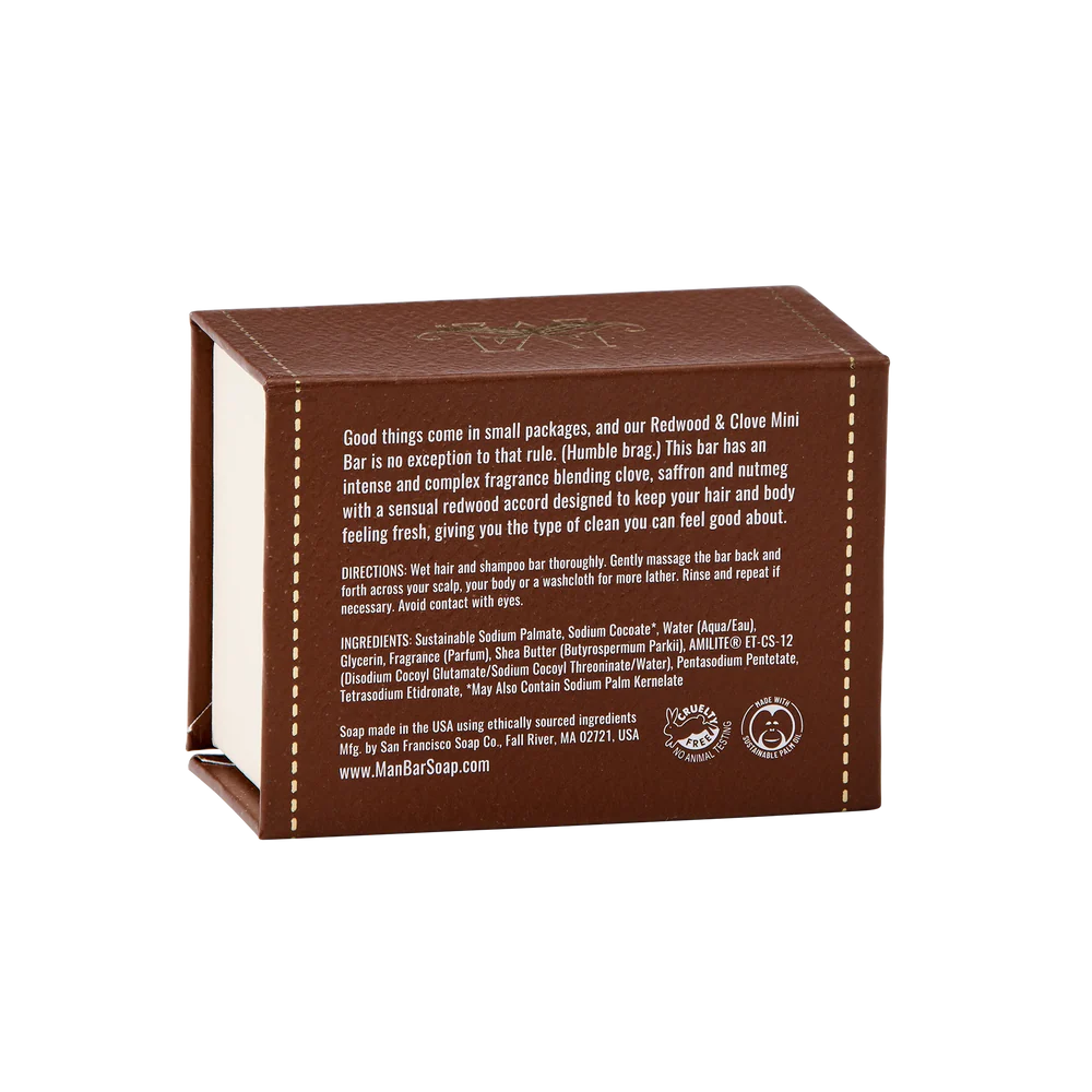 back view of box for redwood and clove man bar mini