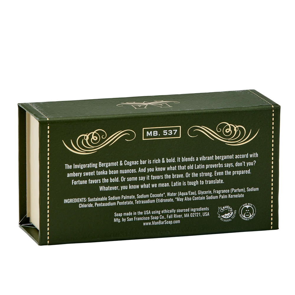 back view of box packaging for bergamot cognac invigorating man bar