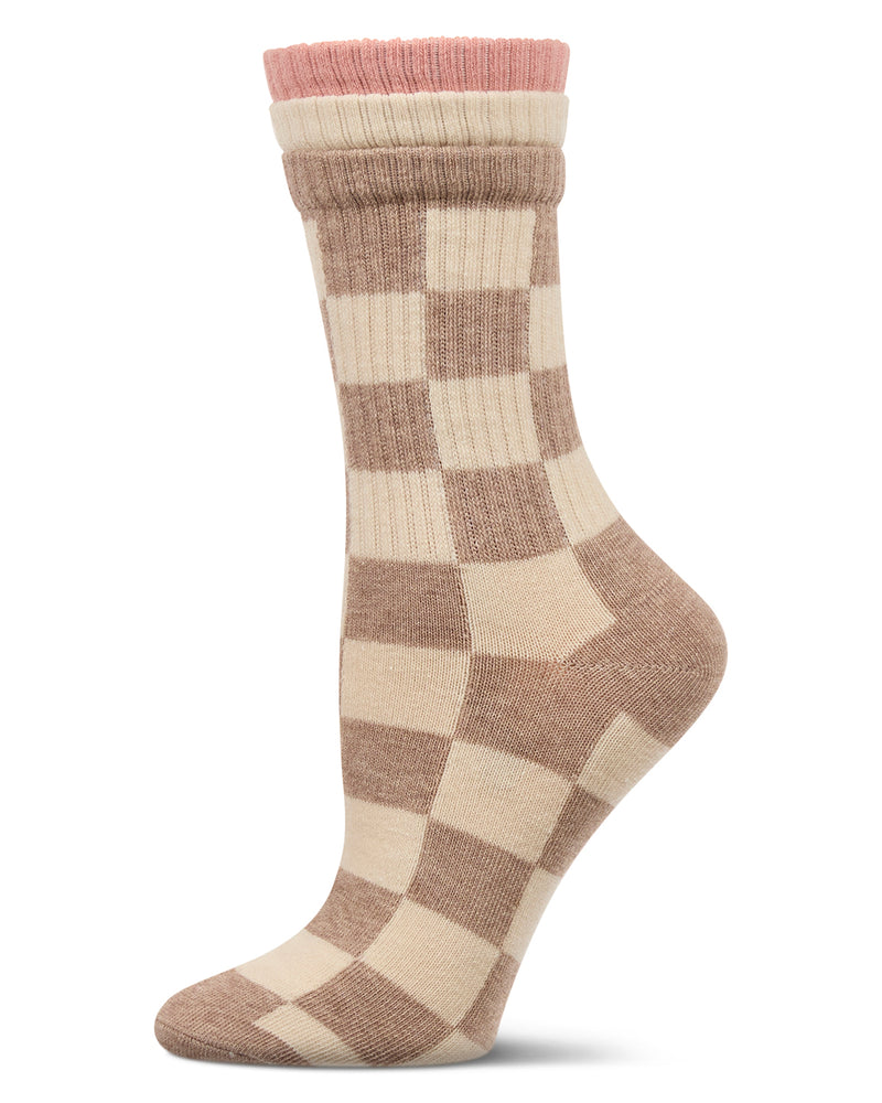 Taupe Checkmate Triple Cuff Crew Sock