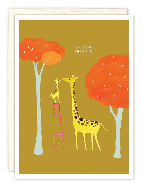 front of card is tan with illustration of a mother giraffe and baby giraffe standing on a ladder eating from the trees, white text listed in the description, white envelope behind it and displayed on a white background