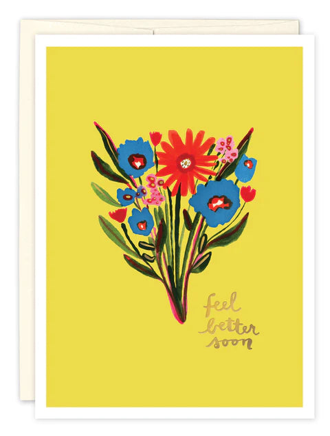 front of card is yellow with a white trim and bundle of flowers on the front, brown text listed in the description, a white envelope behind it and displayed on a white background