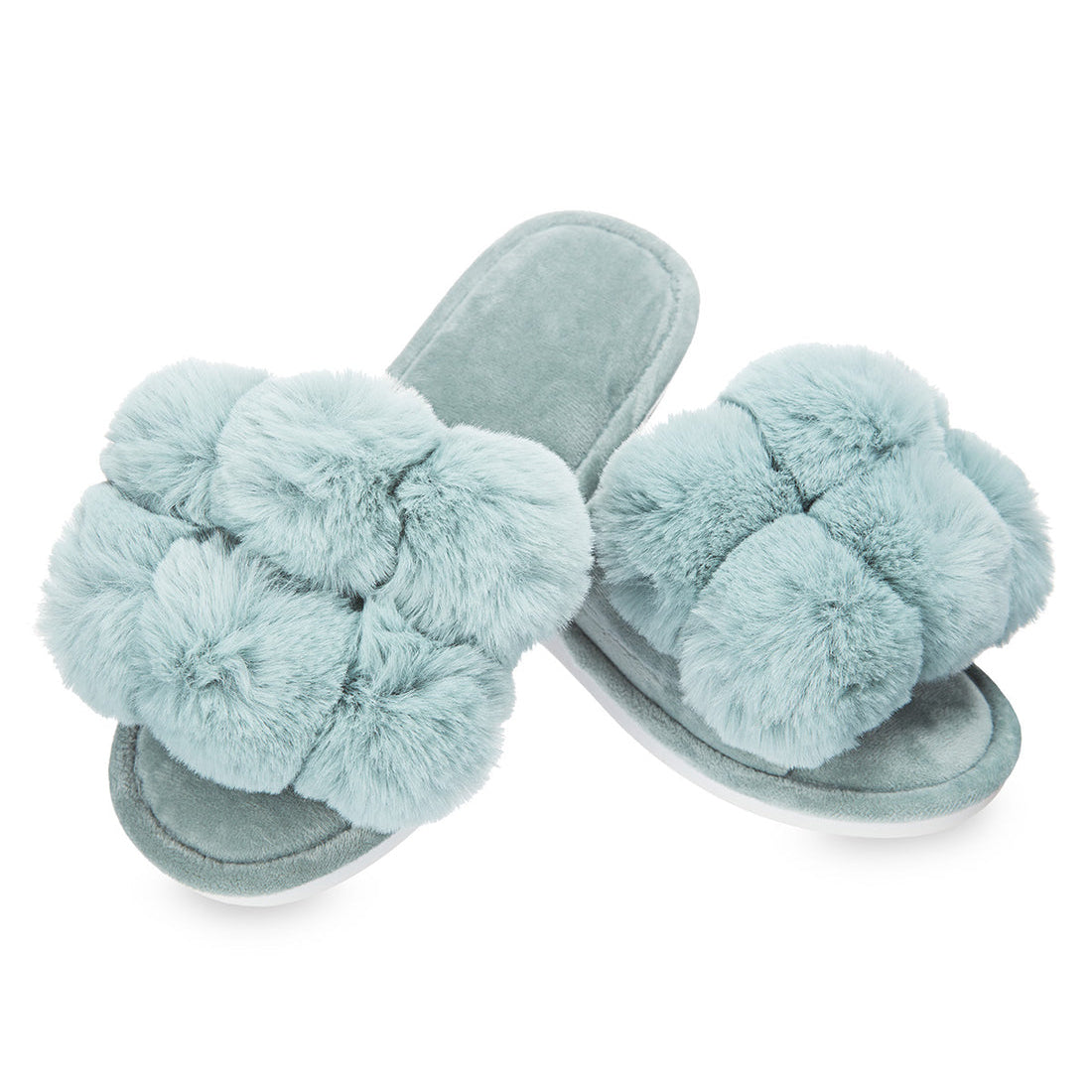 the Luxe Pompom Plush Slipper in Sea Blue on a white background