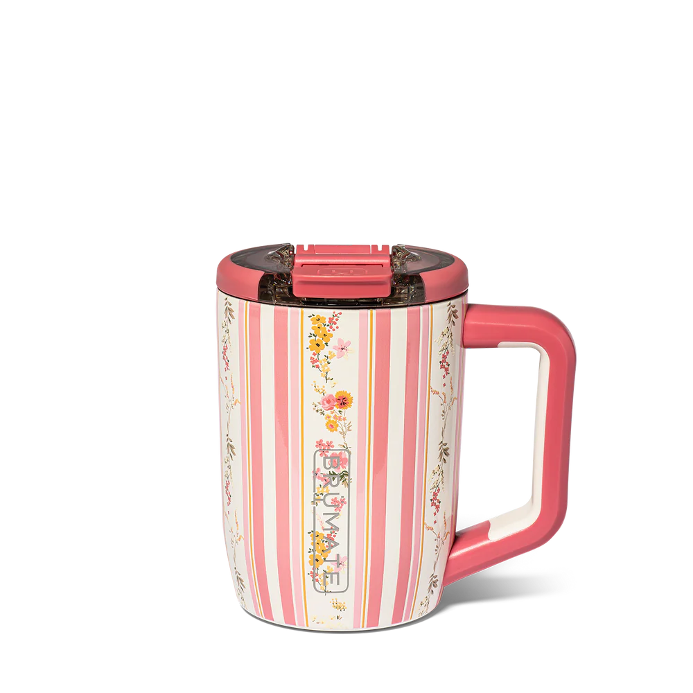 cream colored travel mug with pink stripe and floral design