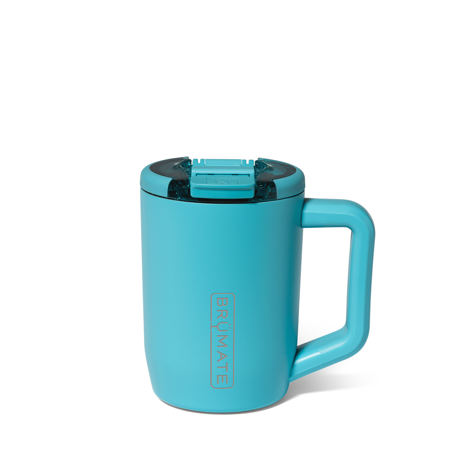 Turquoise travel mug with handle on a white background