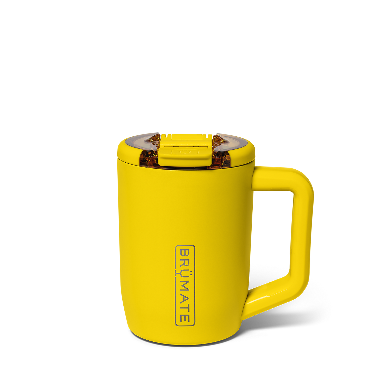 Yellow insulated travel mug with handle and lid on a white background