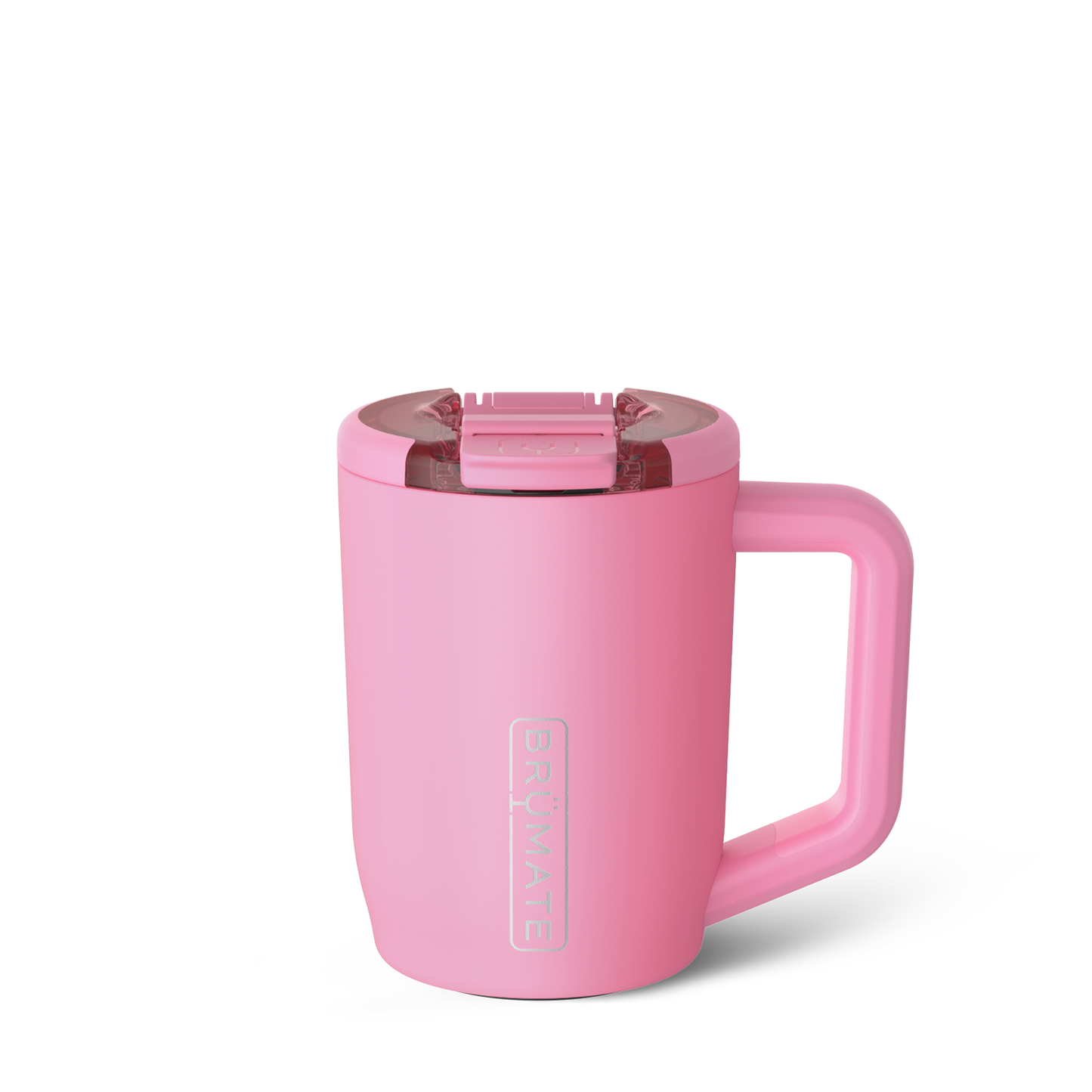 Pink insolated travel mug with handle on a white background