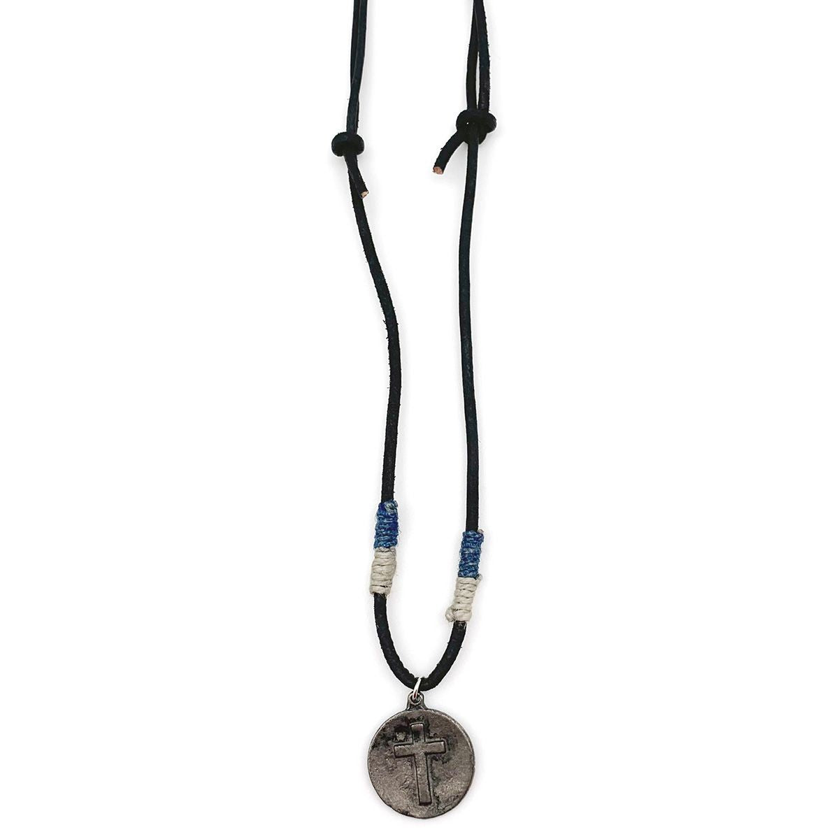 leather necklace with cross pendant on a white background.