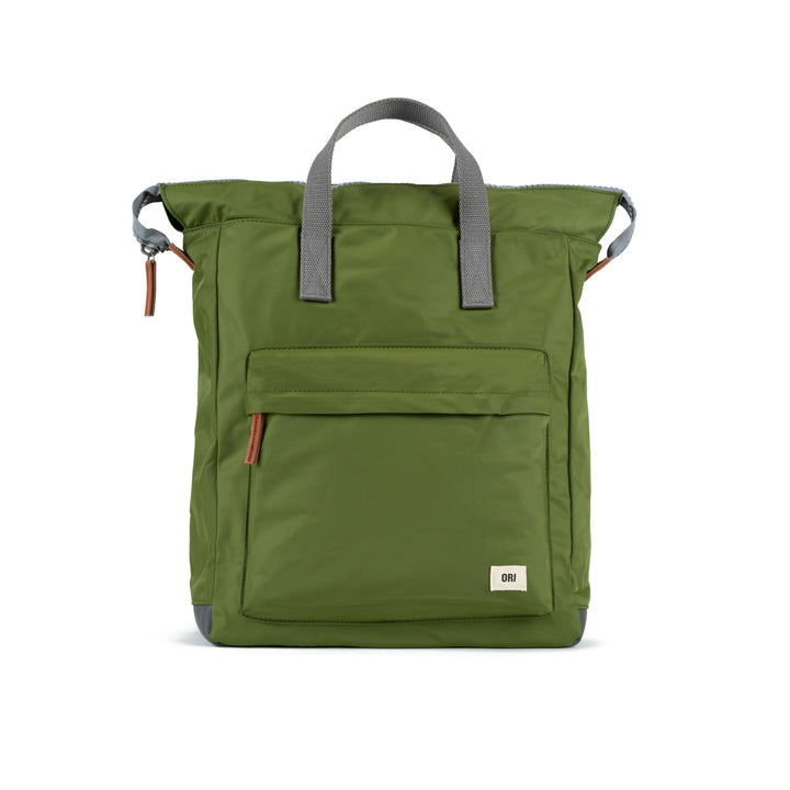 green bantry backpack with grey straps.