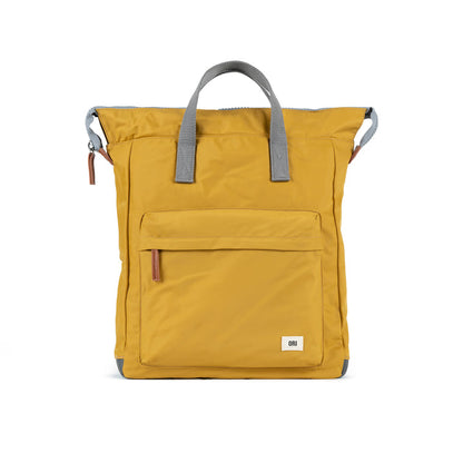 yellow bantry backpack with grey straps.