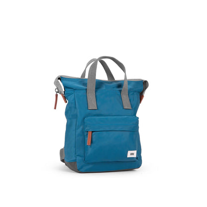 side view of blue bantry backpack.