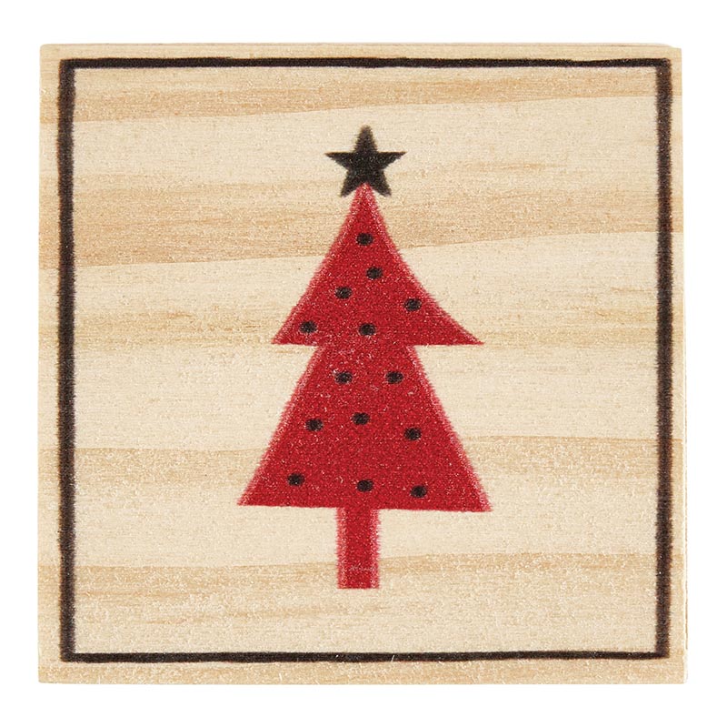 top view of wood box with red tree printed on it.