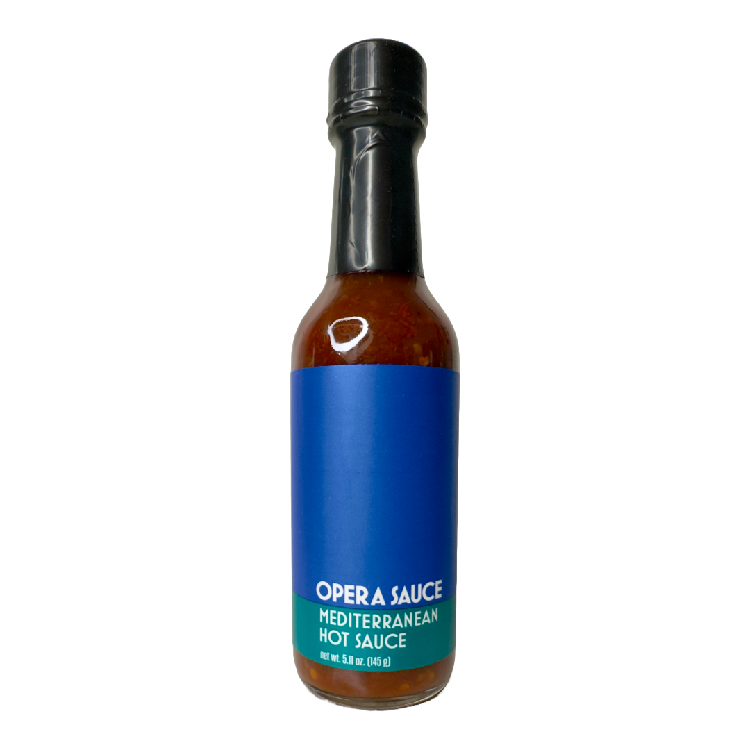 bottle of opera sauce mediterranean hot sauce on a white background