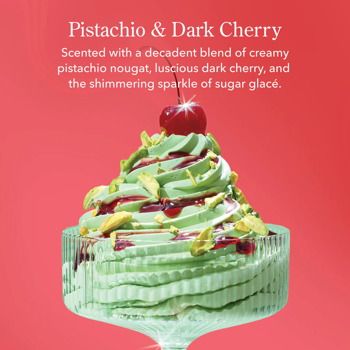 Pistachio dessert in a fancy glass with cherry on top and text describing the scent of Pistachio & Dark Cherry lotion