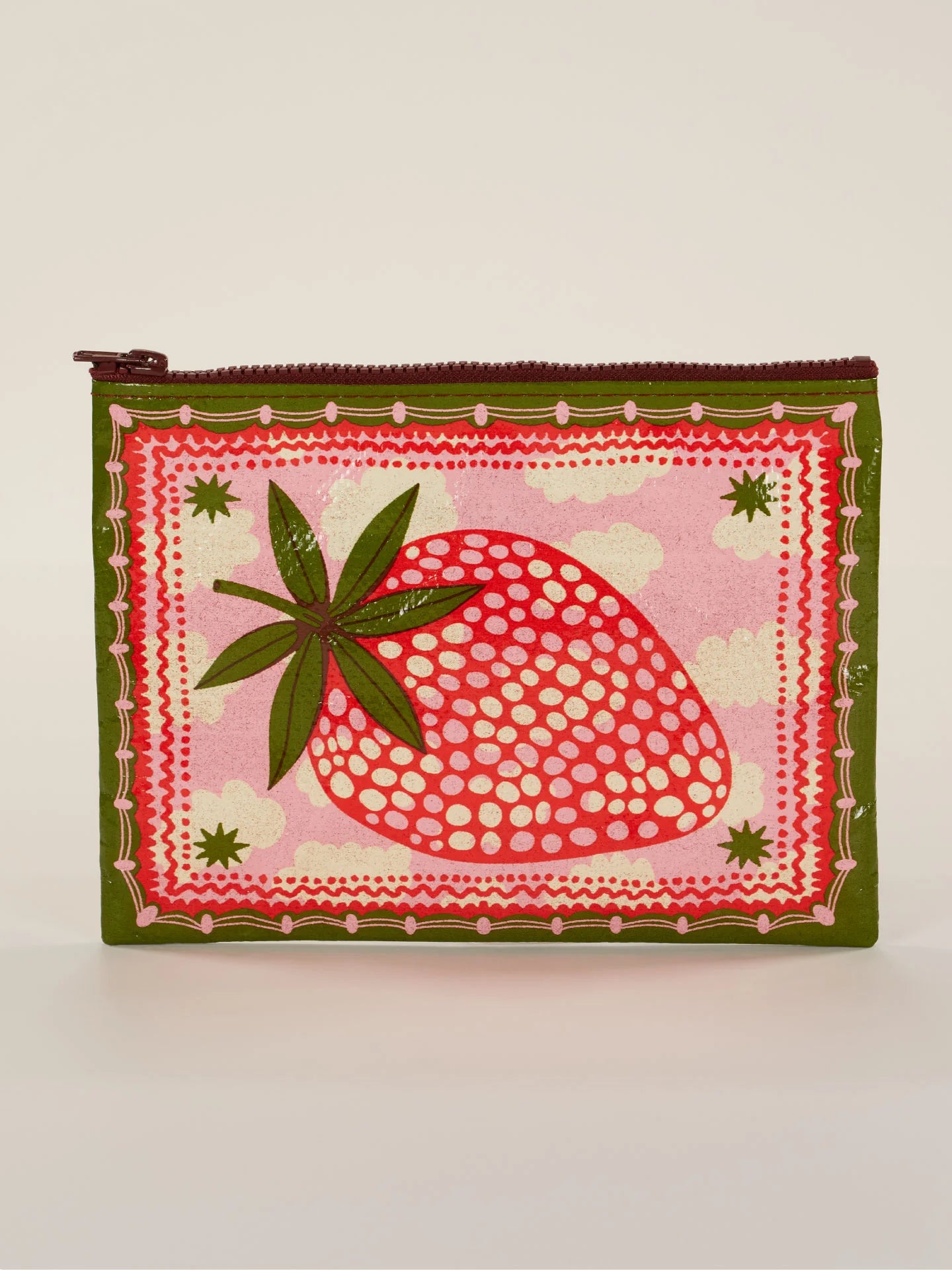 pink, red, and green zipper bag with image of a large strawberry on it.