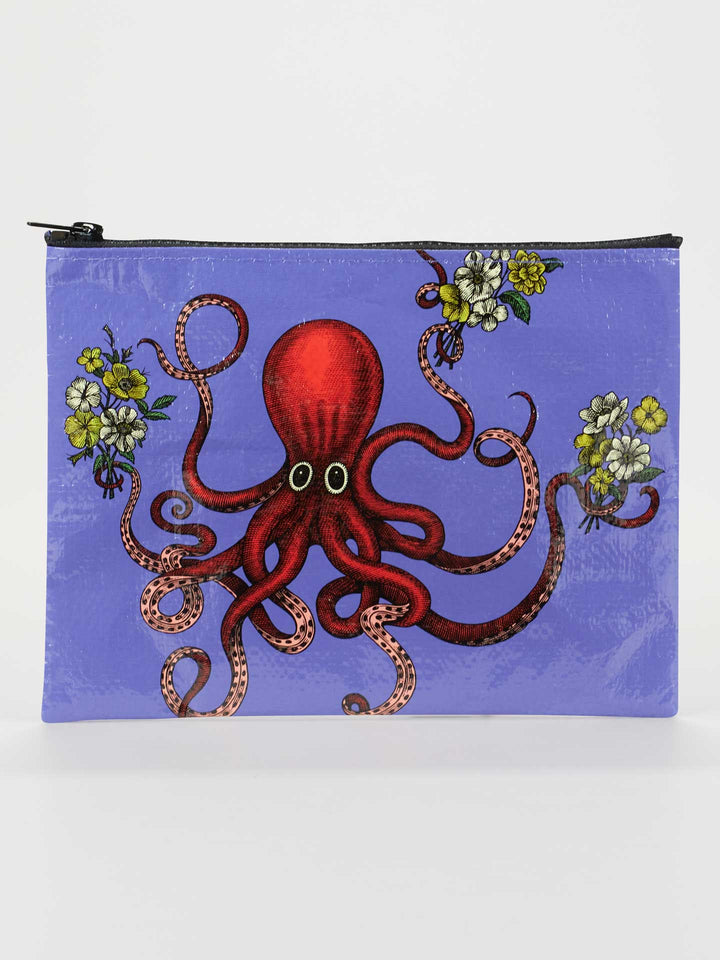 front view of blue Octopus Zipper Pouch with drawing of a red octopus holding flowers in tentacles