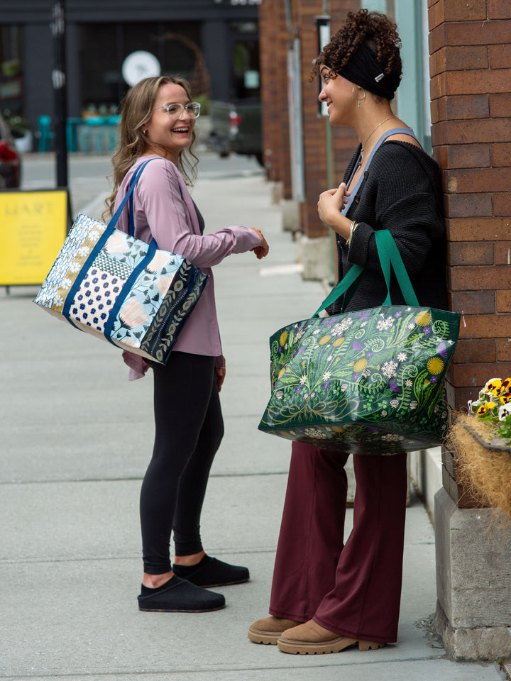 smiling person carrying Patchwork Shoulder Tote
