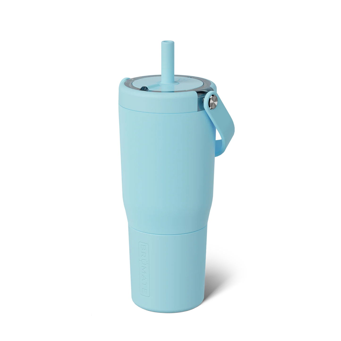 light bright blue tumbler with top swing handle and straw