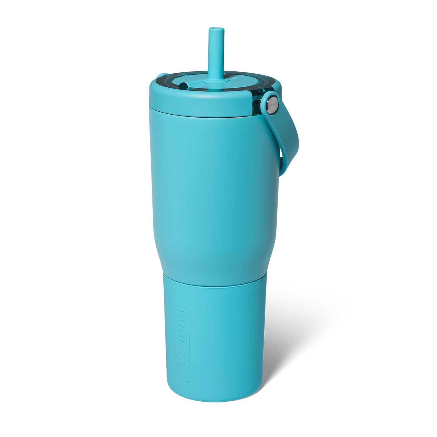 Turquoise tumbler with a straw on a white background