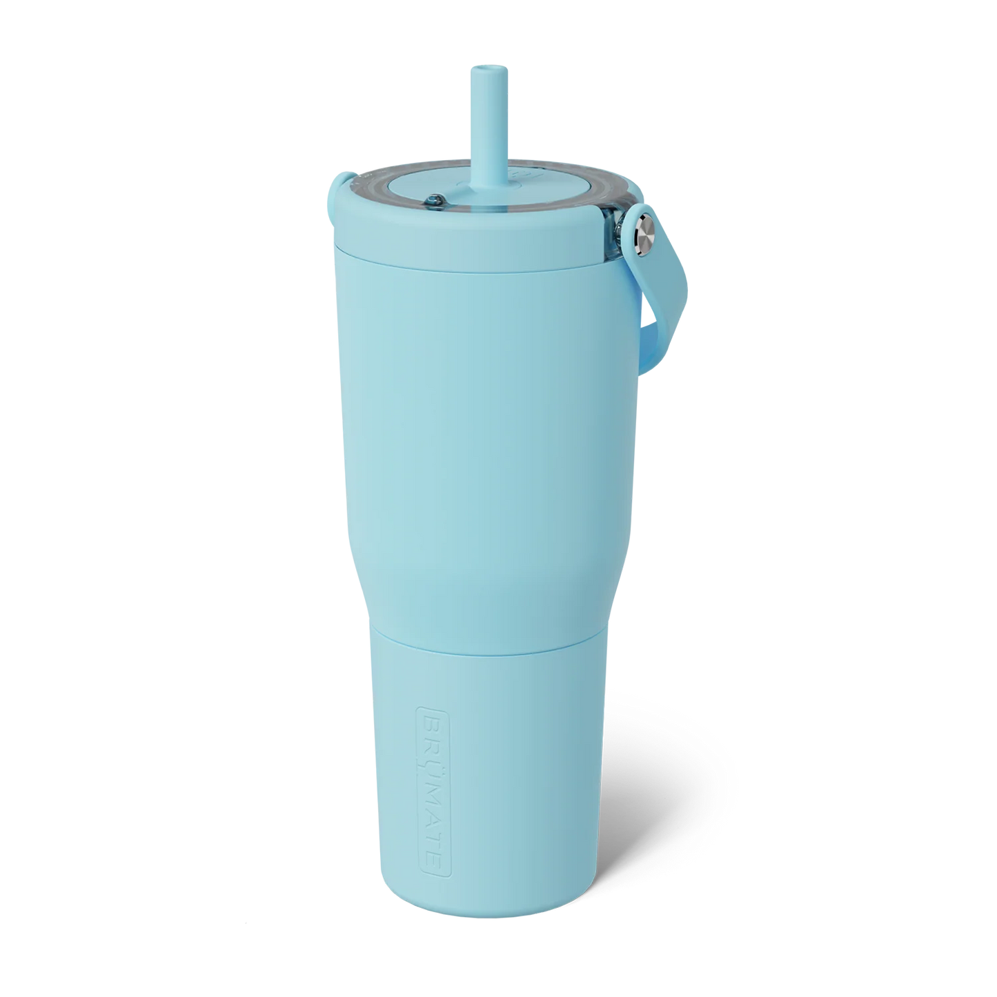 light, bright blue tumbler with top swing handle and straw