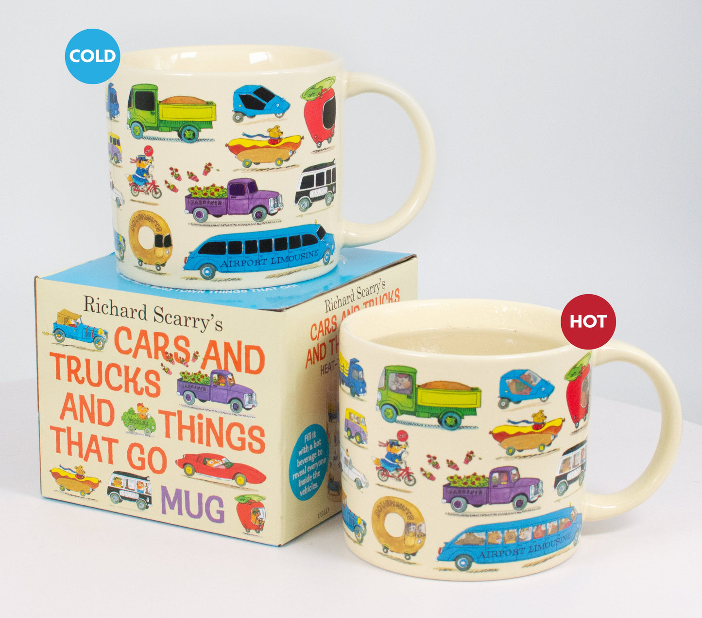richard scarry cars and trucks mug showing the box and mugs color changing effects