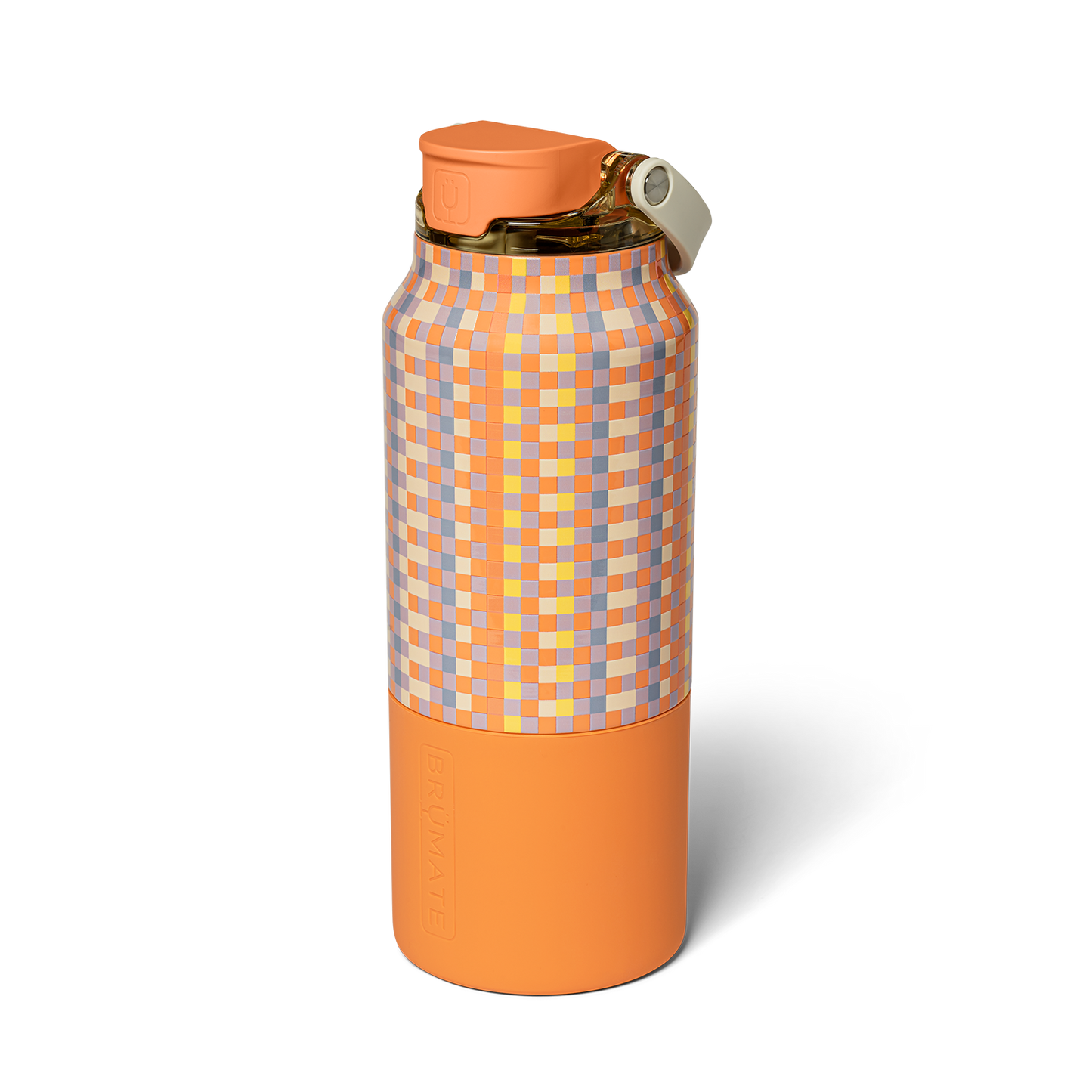 Water bottle with orange top and bottom and an orange, purple and yellow check patterned middle section on a white background